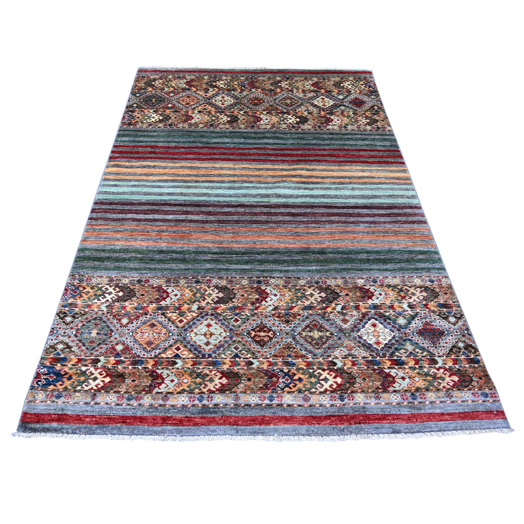 Spanish Gray, Afghan Super Kazak with Khorjin Design, Hand Knotted, Soft and Velvety Wool, Vegetable Dyes, Oriental Rug